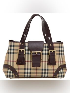 BURBERRY Brown Leather Harmarket Check Coated Canvas Small Buckle Tote Bag